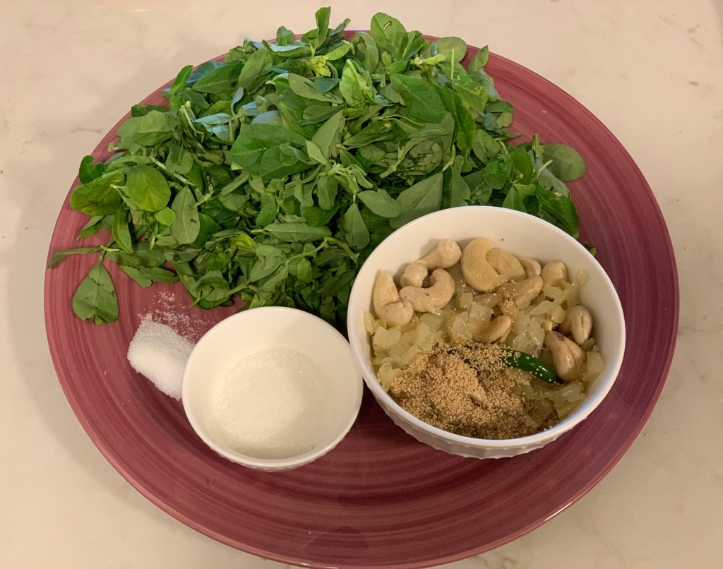 Fresh Fenugreek leaves, stir-fried and pan-roasted curry base ingredients, sugar and salt.